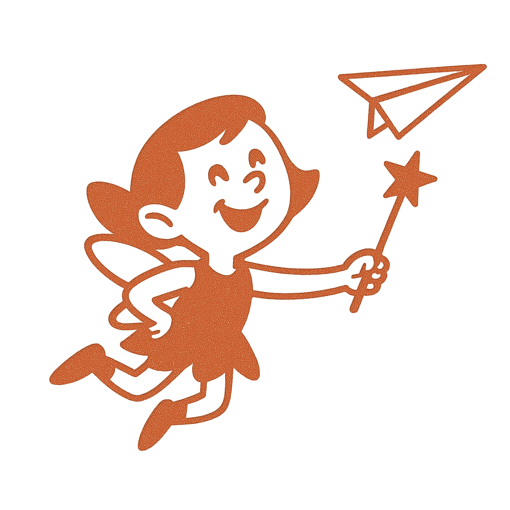 Illustration of a fairy holding a paper airplane and star wand on a beige background