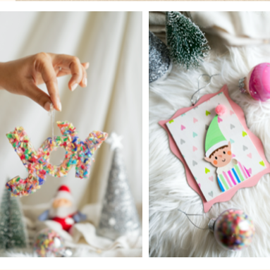 Collage of Christmas-themed decorations including ornaments and cards.