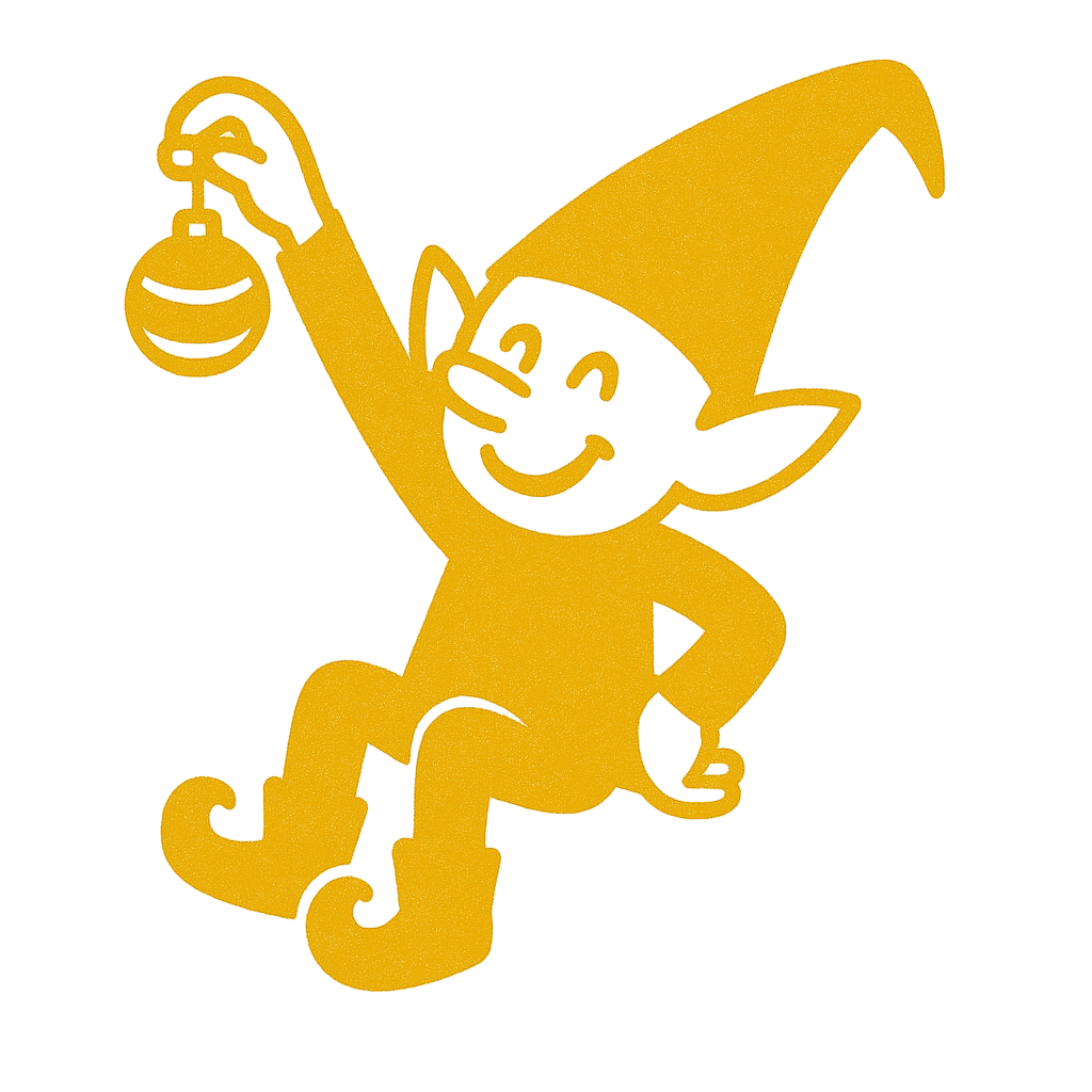 Yellow elf holding a Christmas ornament on a beige background