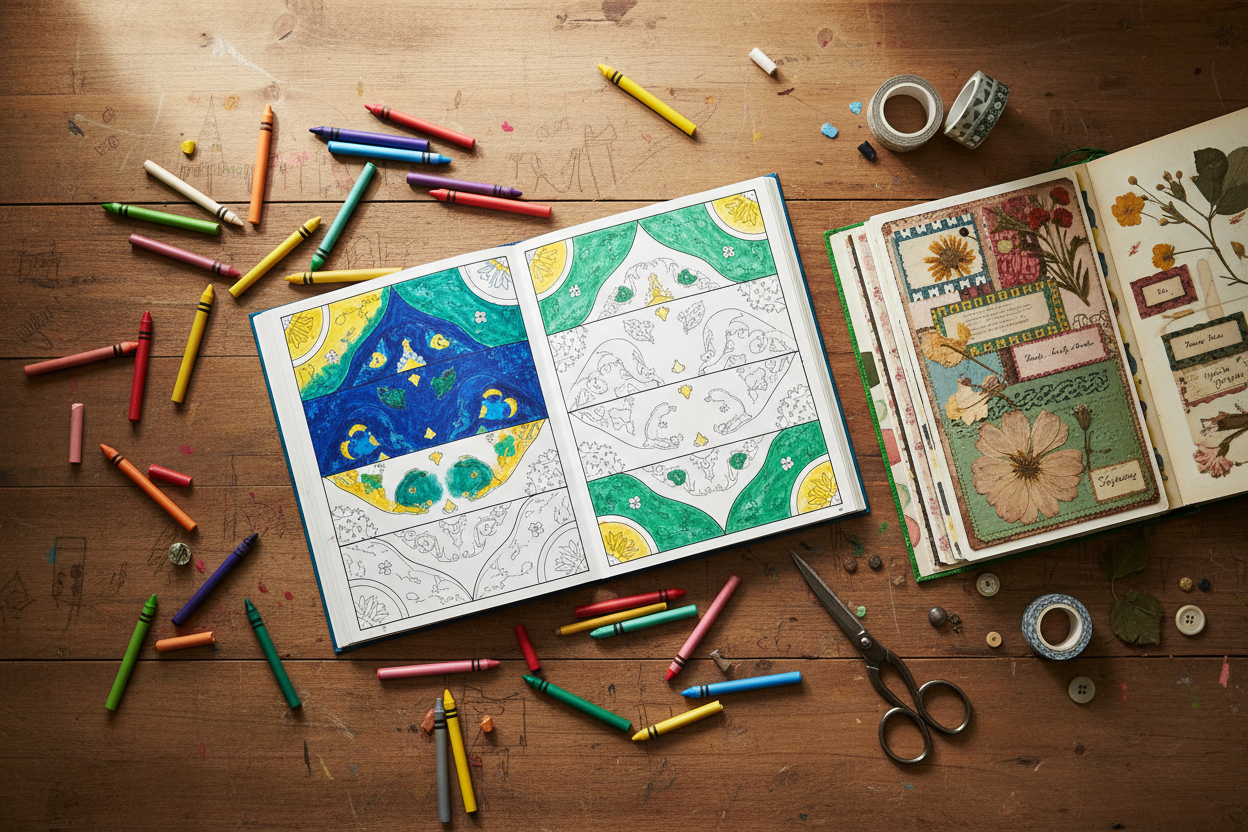 craft table, doodle, coloring, crayons, scrap book all kept on wooden table to be used as hero image for about us section